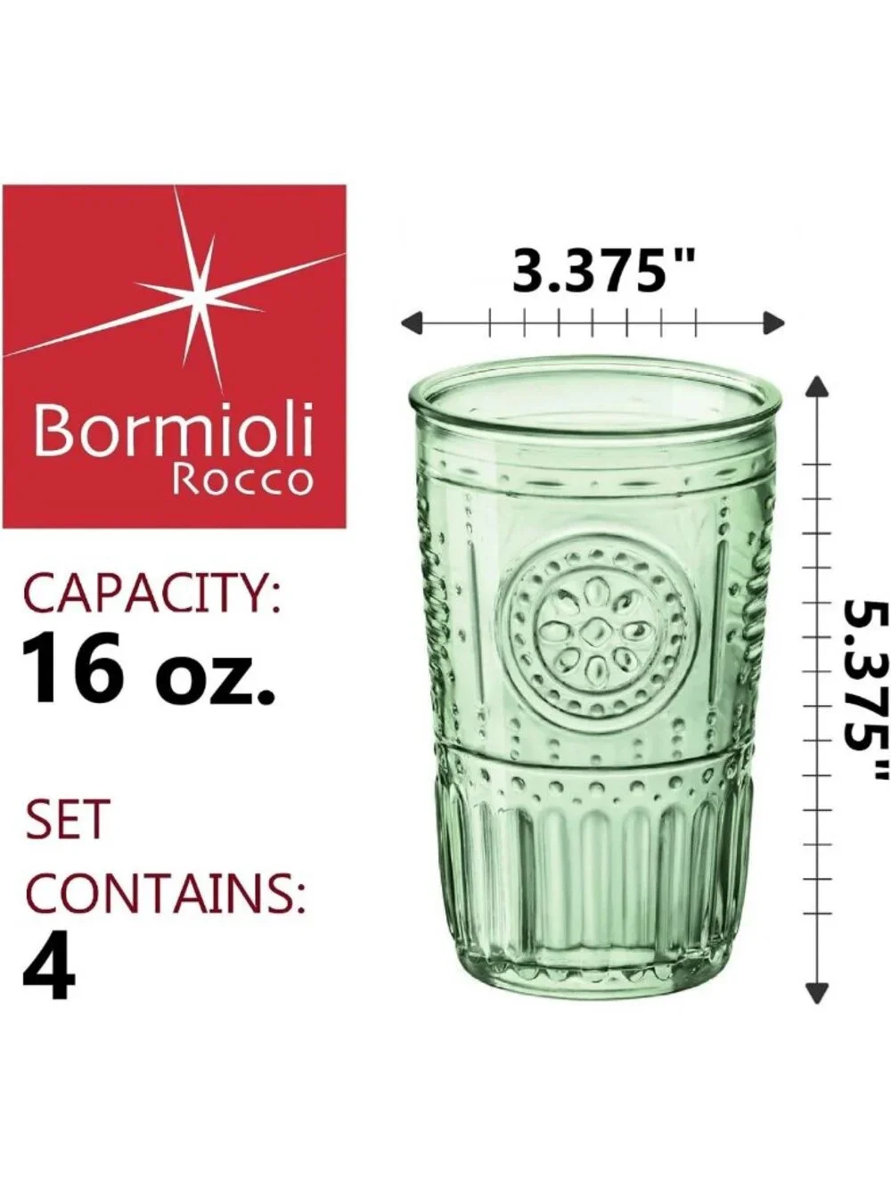 Set of 4 Pastel Green Colored Crystal Cooler Glasses, 16 Oz, Made in Italy